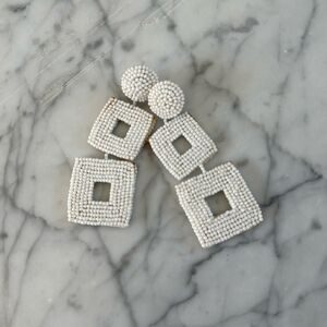 Vintage White Beaded Double Square Geometric Drop Earrings Ivory